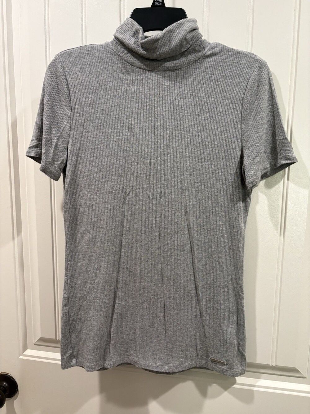 Michael Kors Gray Ribbed High Neck Short Sleeve Top Sz Medium